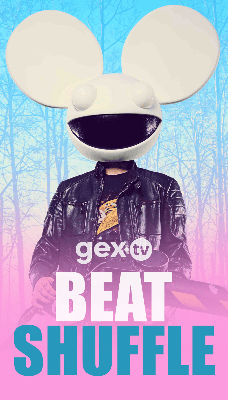 Gex TV - póster promocional con personaje, programación de beats y shuffle
